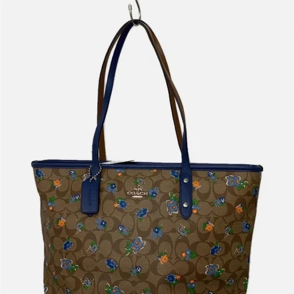 Coach City Tote in Brown Signature Floral with Blue Trim - Picture 4 of 8